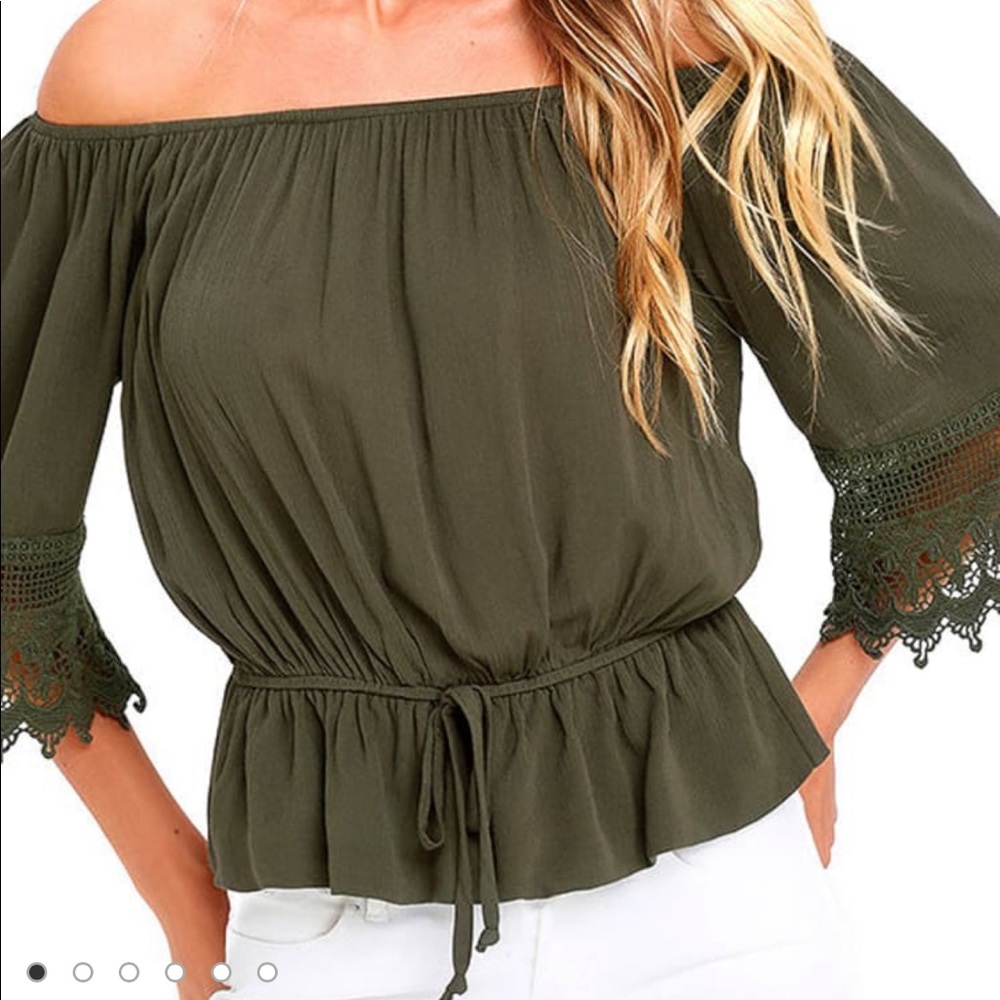Lulu’s Olive green off the shoulder lace top - M